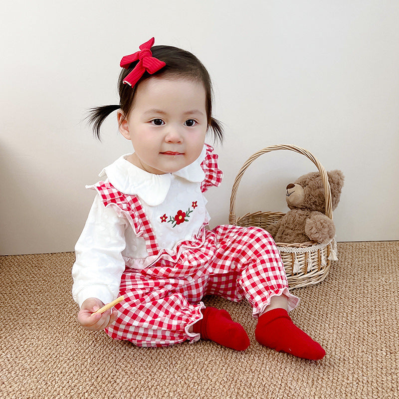 Baby Onesie Fall New Baby Girl Strap Fake Two-Piece Romper Lace Collar Baby Clothes Baby Clothes